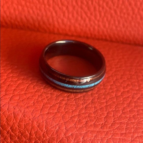 8mm Wood & Crushed Turquoise Tungsten Wedding band - Picture 3 of 12